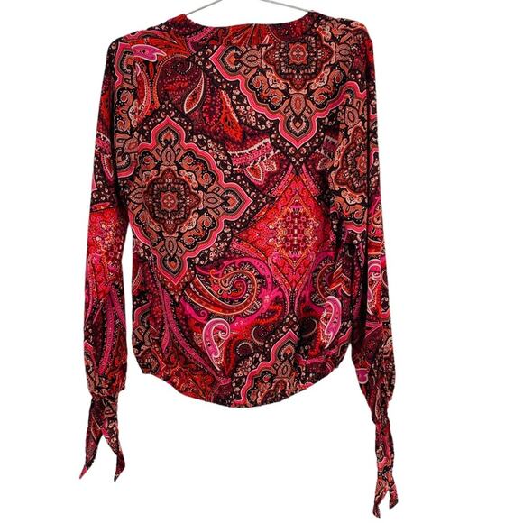 Allison Joy Evereve Pink Paisley Print V-Neck Tie Sleeve Blouse Top - Picture 4 of 6